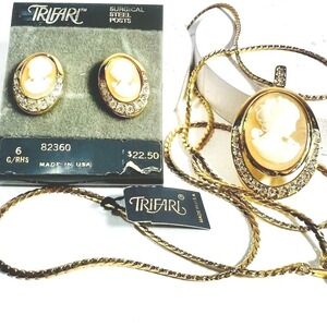 NEW Crown Trifari@ Gold-Tone Cameo Necklace + Earrings Set with Rhinestones